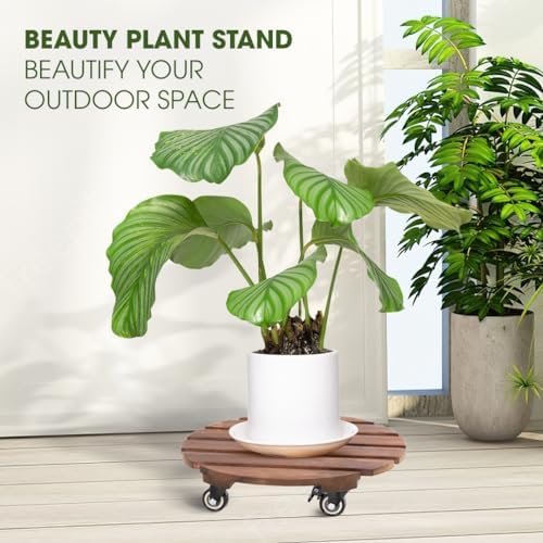 Idzo 2-Pack 14 Inch Acacia Wood Plant Caddy with Wheels – Heavy-Duty Plant Dolly with 264 Lbs Capacity, 360° Lockable Wheels for Large Plant Pots, Heavy Objects, Ideal for Indoor and Outdoor Use - Image 3
