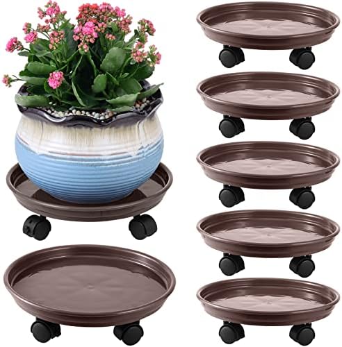 6 Packs Plant Caddy with Wheels 12" Plastic Rolling Stands Heavy-Duty Dolly with Casters Indoor Outdoor Coaster, Brown by Planterhoma