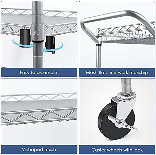 WDT Heavy Duty 3 Tier Utility Cart,Wire Rolling Carts with Wheels, Commercial Grade Service Cart with Shelving Liners and Handle Bar Metal Carts for Kitchen Office Hardware - Image 5