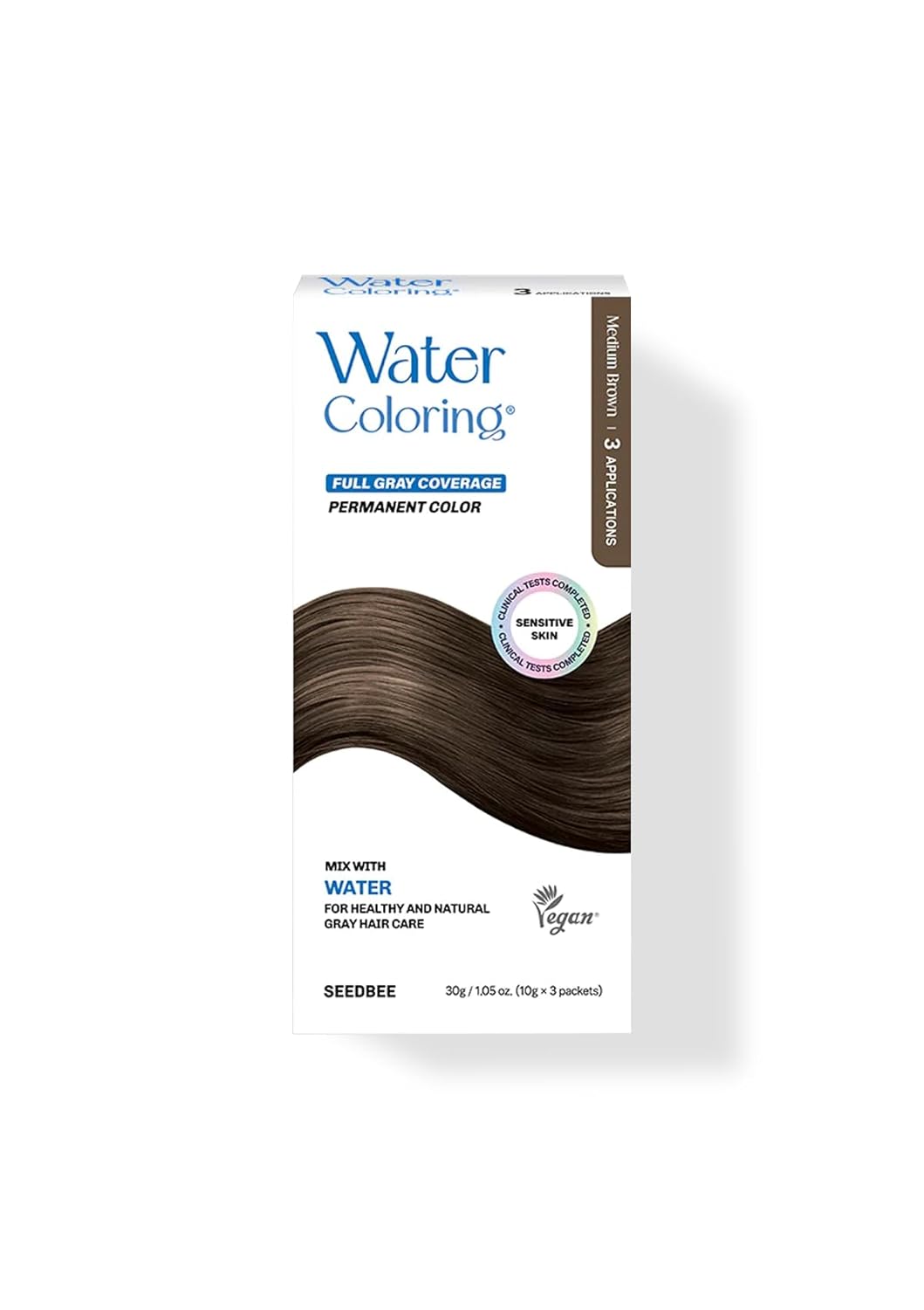 Korean Water Coloring for Gray Hair Coverage Dye, Medium Brown, 3 Packets, Quick & Natural Hair Tint, Vegan & Cruelty-Free Gray Cover, For All Hair Types, 30g (1.05 oz)