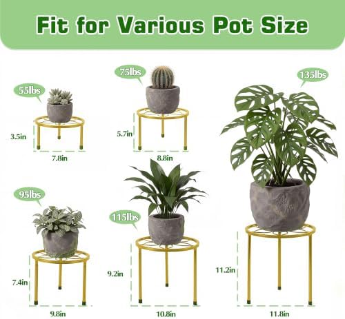 VECELO Metal Plant Stands Set of 5, Multiple Heavy Duty Flower Pot Stand, Round Plant Holder, Gold - Image 3