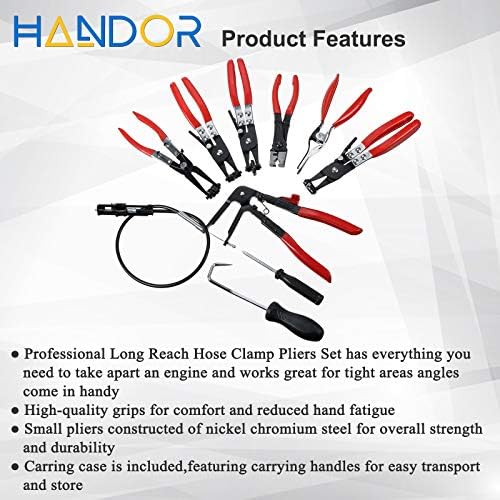 Handor 9pcs Hose Clamp Pliers, Wire Long Reach Hose Clamp Pliers Set Fuel Oil Water Hose Auto Tools for Automotive Coolant Radiator Heater and Water Hose with Band Flat or Large Clamps - Image 3