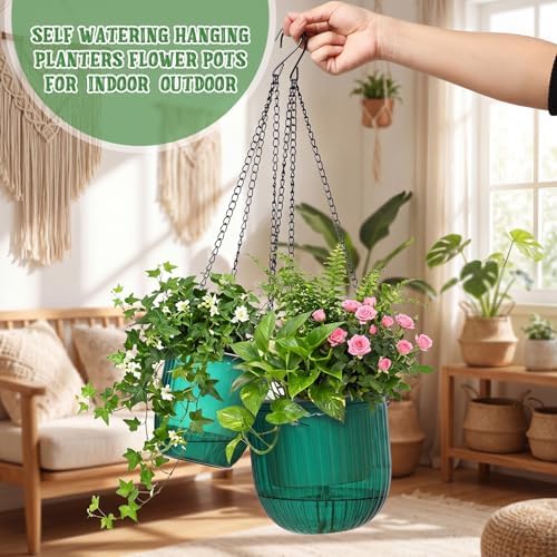 2 Pcs 6.5'' 4.5'' Hanging Self Watering Pot for Indoor Plant, Emerald - Image 3