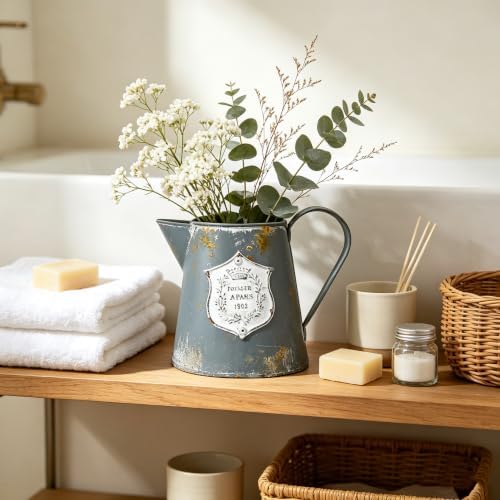 Vintage Rustic Metal Flower Vase Farmhouse Plant Pitcher, Distressed Gray Galvanized Flower Jug, Rustic French Country Decorative Watering Can Vase for Home, Kitchen, Wedding - Image 4