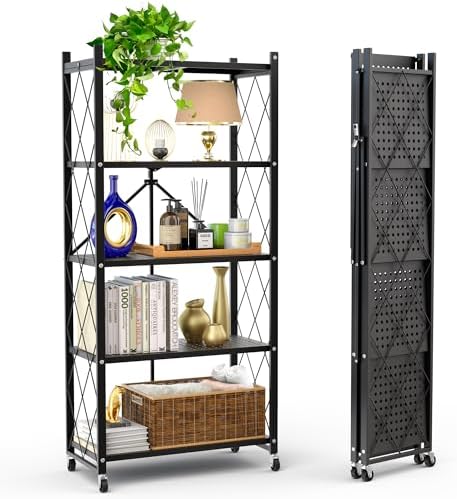 Our Modern Space 5-Tier Foldable Storage Shelf with Wheels | Metal Rack Collapsible Shelving Display | Rolling Cart for Books Kitchen Storage Shelves | Pantry & Closet Organizer | Office Room Decor by OurModernSpace