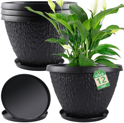 Nooulap 12 inch Plant Pots Outdoor Indoor, 4 Pack, Black by Nooulap