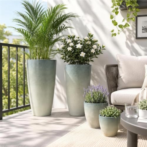 ZMTECH 24/21/12/10 Inch Charcoal Gray Green Gloss Planter Set, 4 Pack Large Outdoor Planters with Drainage Holes & Saucers, Glossy Smooth Lightweight Plastic Plant Pots for Indoor Patio Garden Décor - Image 4