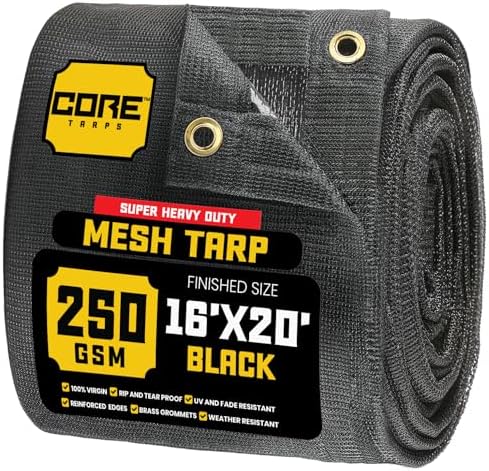 Core Tarps 60% Black Shade Cloth with Grommets - 16 X 20 FT Heavy Duty Mesh Tarp - Sun Shade Cloth for Garden Vegetables Plants Greenhouse Outdoors Backyard Fences Dump Trucks Patio Mesh Shade Tarp by CoreTarps