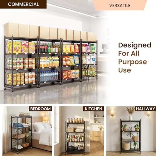 Our Modern Space 4-Tier Foldable Storage Shelf with Wheels | Metal Rack Collapsible Shelving Display | Rolling Cart for Books Kitchen Storage Shelves | Pantry & Closet Organizer | Office Room Decor - Image 5