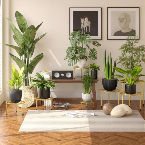 VECELO Metal Plant Stands Set of 5, Multiple Heavy Duty Flower Pot Stand, Round Plant Holder, Gold - Image 2