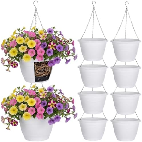 10 Pack 11 Inch Plastic Hanging Planter Bulk White Hanging Baskets for Plants with Drainage Trays Self Watering Plant Pot Outdoor Indoor Planter for Garden, Balcony, Porch, Patio Decor by Romooa
