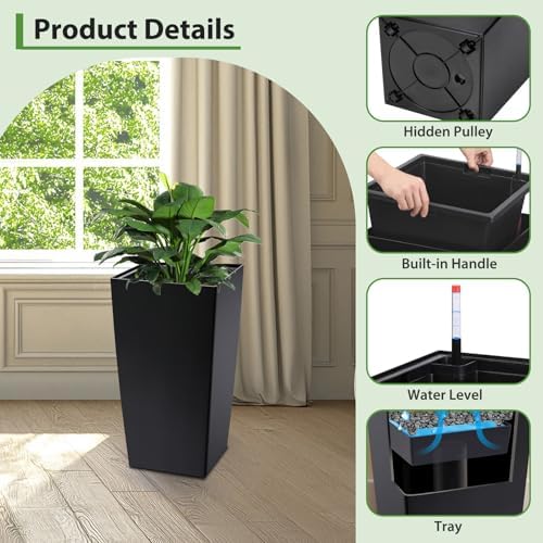 30 Inch Tall Planters Set of 2, Large Black Indoor Outdoor Flower Pots for Front Porch, Modern Tall Plant Containers with Drainage Holes, Water Level Indicator & Inner Bucket, Patio Deck Balcony Decor - Image 3