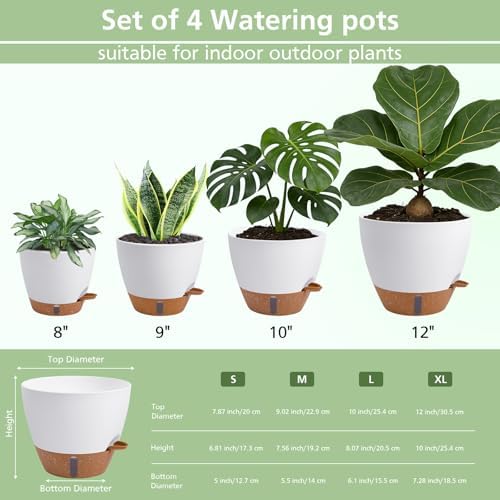 Self Watering Pots with Water Level Indicator, 12" 10" 9" 8" Large Plastic Flower Pots with Mesh Drainage Hole and Removable Saucer Reservoir for Indoor Outdoor Plants (White) - Image 5