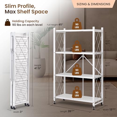 Our Modern Space 4-Tier Foldable Storage Shelf with Wheels | Metal Rack Collapsible Shelving Display | Rolling Cart for Books Kitchen Storage Shelves | Pantry & Closet Organizer | Office Room Decor - Image 2