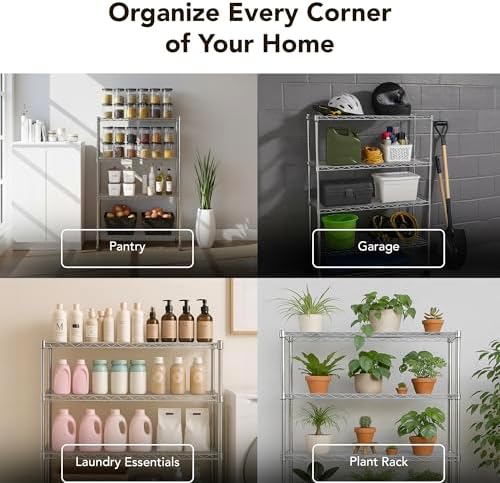Heavy Duty 4 Tier Wire Shelving Unit Storage Rack, Metal Shelves Utility Organizers, Organization Units for Products, Plant, Pantry, Garage, Laundry Durable Shelf Stand, Chrome, 14"W x 30"L X 48"H - Image 6