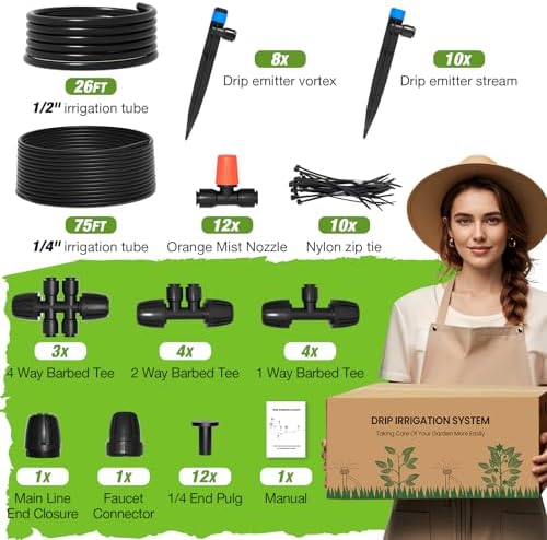 MIXC Greenhouse Micro Drip Irrigation Kit Automatic Irrigation System Patio Misting Plant Watering System with 1/4 inch 1/2 inch Irrigation Tubing Hose Adjustable Nozzle Emitters Barbed Fittings - Image 7