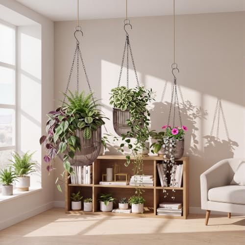 3 Pcs 8.3'' 6.5'' 4.5'' Hanging Self Watering Pot for Indoor Plant, Gray - Image 5