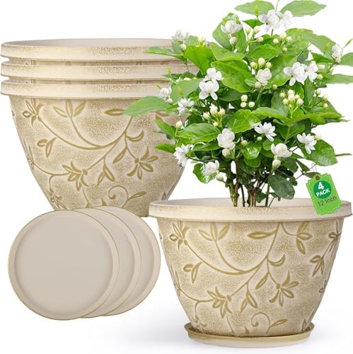 4 Pack 12 Inch Pots for Plants, Plastic Flower Pots Outdoor Indoor, Beige by Nooulap