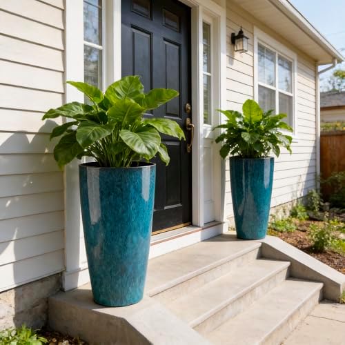 21 inch Tall Planter, Indoor Outdoor Planter Set of 2 Tall Outdoor Planters for Porch Large Planter Pot with Drainage Hole for Home Garden Front Door (Deep Blue) - Image 5