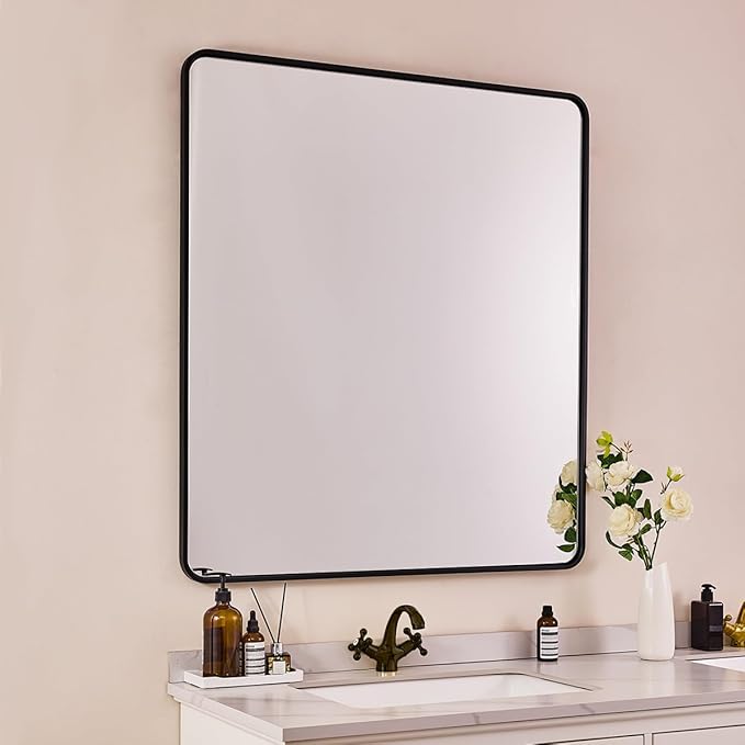 ANDY STAR 40X32 Inch Black Bathroom Mirror, Black Bathroom Vanity Mirrors for Wall, Rounded Rectangle Mirror for Bathroom, Seamless Tube Metal Frame, 1’’ Deep Wall Mounted Vertical/Horizontal