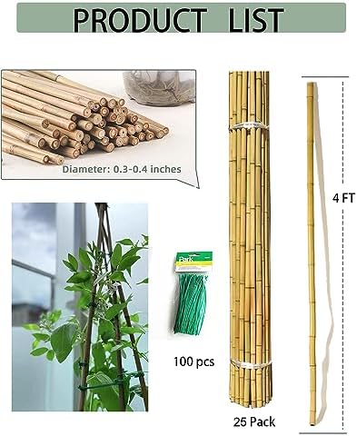 4 Ft Bamboo Stakes with 100 Twist Ties Natural Bamboo Garden Stakes for Tomatoes Cucumber Grapes Pole Beans Trees Potted Dahlia Flowers and Climbing Plants - Pack of 25 - Image 2