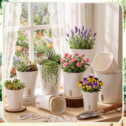 Ziliny Self Watering Pots Plastic Plant 3 Sizes Flower Plant Pot with Inner White Flower Pots for House Indoor Plants Plastic Self Watering Pot for Herbs Flowers (9 Pcs,S,M,L) - Image 5