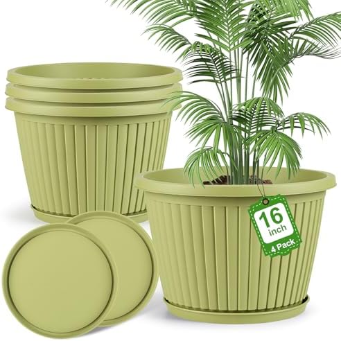 16-inch-Large-Planters-for-Outdoor-Plant，Plastic Indoor Flower Pots with Drainage Holes & Saucer，4 Packs Decorative Garden Pots for Plantfor Home Porch Decor by FlowyypoPlantPot