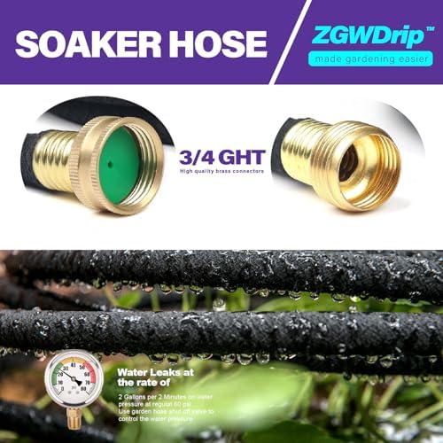150FT 1/2" Water-Saving Soaker Hose with Solid Brass Connectors, Drip Irrigation Kit for Lawn & Landscaping with Metal Ground Stake & Accessory Kit - Image 3