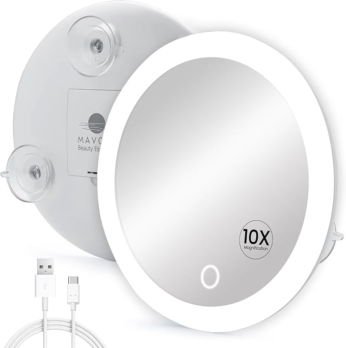 Mavoro 6.8" LED Magnifying Mirror with 3 Strong Suction Cups | 10X Magnification | Portable Lighted Travel Makeup & Cosmetic Mirror with Light (USB-C Rechargeable Built-in Battery |10X)