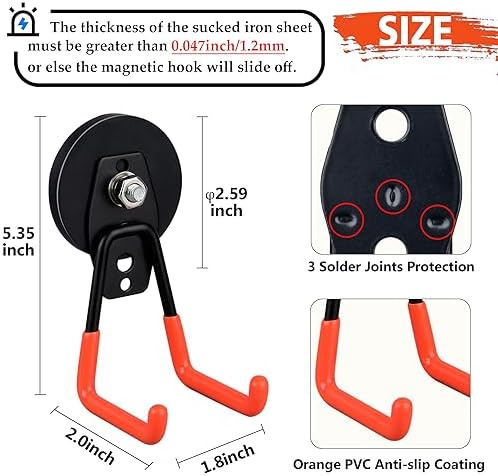 ULIBERMAGNET Heavy Duty Magnetic Garage Hooks,Strong Large Magnet Hooks for Power Drill,Garden Tools,Hose,Pegboard,Garage, Workshop,2 Pack Magnetic Storage Holder for Indoor Outdoor Hanging(Orange) - Image 2