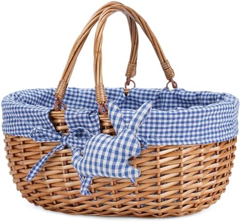 G GOOD GAIN Wicker Picnic Basket with Double Folding Handles,Willow Picnic Hamper,Natural Hand Woven Easter Basket,Easter Eggs and Candy Basket,Bath Storage,Gift Packing Basket.Blue by GGOODGAIN