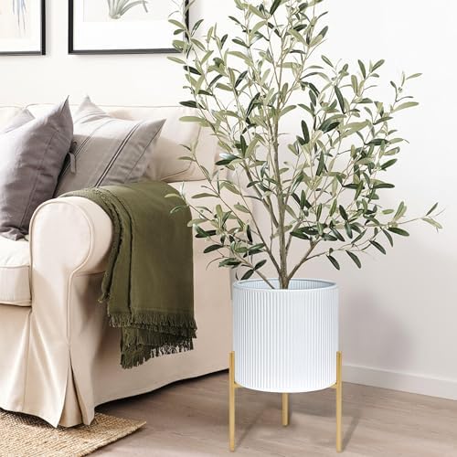 ARNIS Modern Plant Pots, Set of 2 Round Large Planters with Stand, Large Size Metal Pots with Drainage Holes for Living Room, Office, Garden or Balcony, 10.5 &12.25 Inch, White & Gold - Image 3