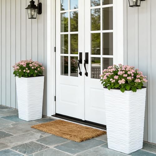 Worth Garden 2-Pack 22" H. White Square Tapered Planter with Inside Pots - Plastic Plant Pots for Indoor Outdoor - Modern Wavy Finish Decorative Flower Pots for Front Porch Containers Patio Deck - Image 4