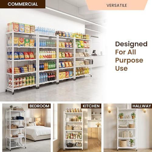 Our Modern Space 5-Tier Foldable Storage Shelf with Wheels | Metal Rack Collapsible Shelving Display | Rolling Cart for Books Kitchen Storage Shelves | Pantry & Closet Organizer | Office Room Decor - Image 5
