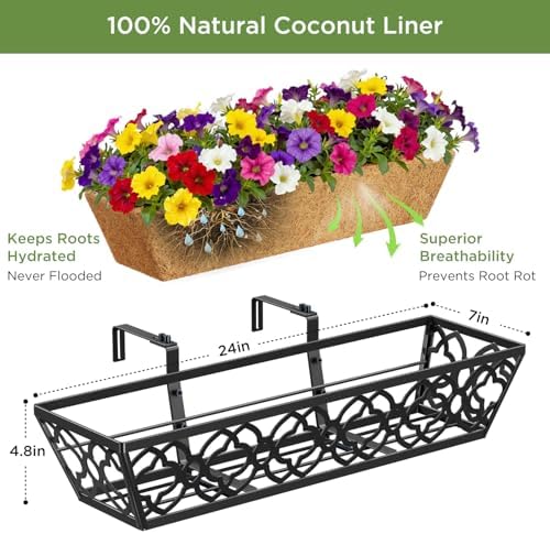 Y&M Window Boxes Horse Trough with Coconut Coir Liner, 24 Inch Window Deck with Coco Liner, Fence Metal Hanging Flower Planter Window Basket Deck Railing Planter Boxes (Flower 24in 2P) - Image 4