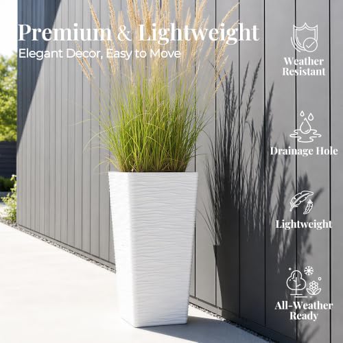 Worth Garden 22" Tall Planters Set of 2 - Plastic White Square Plant Pots with Drainage Hole - Modern Large Tapered Matte Wavy Tree Flower Pot for Indoor Outdoor Porch Deck - Image 3