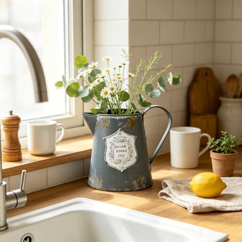 Vintage Rustic Metal Flower Vase Farmhouse Plant Pitcher, Distressed Gray Galvanized Flower Jug, Rustic French Country Decorative Watering Can Vase for Home, Kitchen, Wedding by Unknown