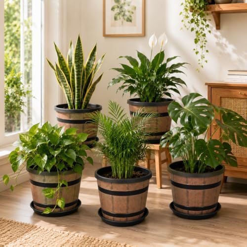 14 Inch Whiskey Barrel Planters with Drainage Holes & Saucer, 5 Pack Plastic Plant Pots with Wine Barrel Design, Flower Pots for Indoor Outdoor Balcony - Image 4