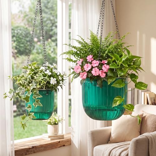 2 Pcs 6.5'' 4.5'' Hanging Self Watering Pot for Indoor Plant, Emerald - Image 5