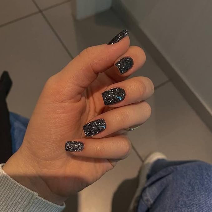 Modelones 32Pcs Sparkle Black Press on Nails, Glitter Short Square Fake Nails, Reusable Nail Kit with Nail Glue Adhesive Tabs Mini Nail File, Nails Press Ons 16 Sizes