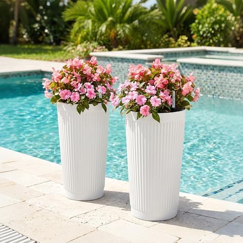 TUYOHW Set of 2 Large Round Tall Planter for Indoor or Outdoor 24" Flower Pots for Porch, Patio, Backyard, Large Planters for Outdoor Indoor Plants - Image 4