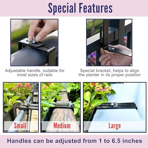 LaLaGreen Outdoor Rail Planter for Balcony (20 Inch, 2 Pack) Large Black Self Watering Railing Planters with Brackets, Rectangular Plastic Window Flower Box Fence Designer Choice with Rattan Pattern - Image 4