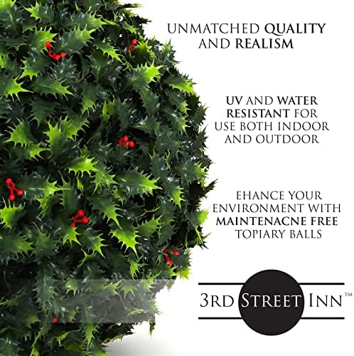 3rd Street Inn Topiary Ball - 19" Artificial Topiary Plant - Indoor/Outdoor Artificial Plant Ball (1, Holly) - Image 3