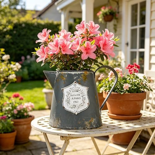 Vintage Rustic Metal Flower Vase Farmhouse Plant Pitcher, Distressed Gray Galvanized Flower Jug, Rustic French Country Decorative Watering Can Vase for Home, Kitchen, Wedding - Image 5