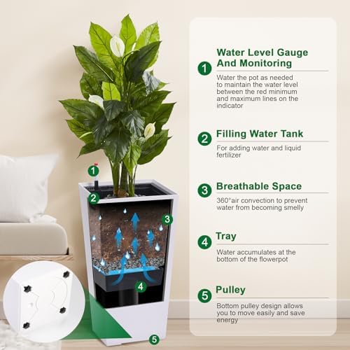 30 Inch Tall Planters Set of 2, Large White Indoor Outdoor Flower Pots for Front Porch, Modern Tall Plant Containers with Drainage Holes, Water Level Indicator & Inner Bucket, Patio Deck Balcony Decor - Image 2