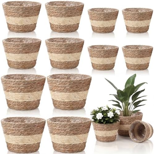 AceOrbit 12 Pcs Wicker Plant Basket Bulk with Liners Woven Planter Baskets Bulk for Indoor Outdoor Seagrass Plants Woven Wicker Baskets for Flower Pots Cover and Room Decor (Mixed Size,Bohemian) by Unknown