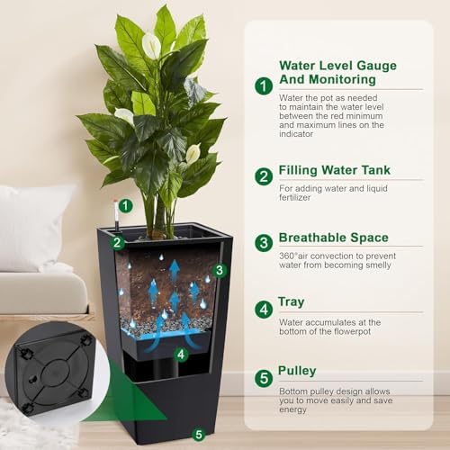 30 Inch Tall Planters Set of 2, Large Black Indoor Outdoor Flower Pots for Front Porch, Modern Tall Plant Containers with Drainage Holes, Water Level Indicator & Inner Bucket, Patio Deck Balcony Decor - Image 2