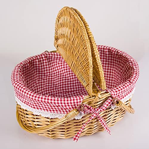Wicker Picnic Basket with Lid and Handle Sturdy Woven Body with Washable Plaids Liner,Red - Image 2