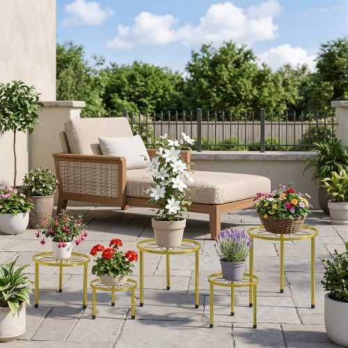 VECELO Metal Plant Stands Set of 5, Multiple Heavy Duty Flower Pot Stand, Round Plant Holder, Gold - Image 4