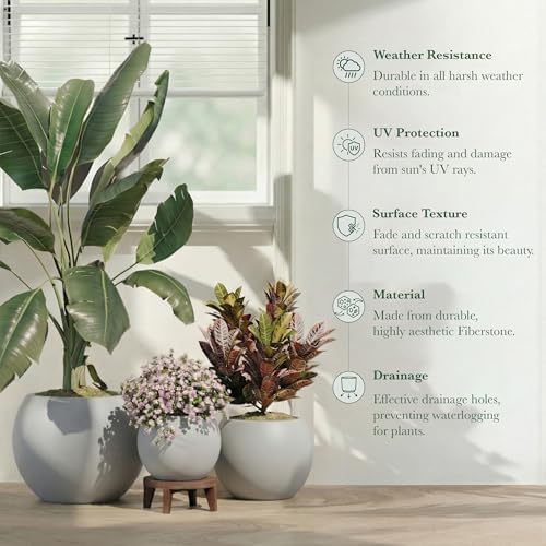 DTY Mt Sherman 16.1'' D x 13.6'' H (Pot Opening 11.8") Fiberstone Round Planter with Drainage Hole, Smooth Finishes, Weather Resistant for Indoor and Outdoor, 2 Extra Coco Mats - Light Gray, Medium - Image 5